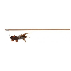 Drevená udicka s plyšovou myšou a perím 50 cm